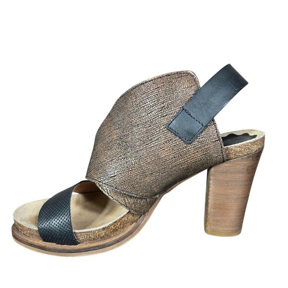 Anthro Coque Terra Sanne Heels Womens 39 Black Brown Shimmer Leather Sandals - Picture 4 of 14